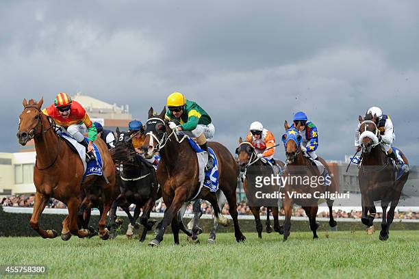 Glen Boss riding Foreteller defeats Michael Rodd riding Happy Trails in Race 7, the Hyland Race Colours Underwood Stakes during the Underwood Stakes...