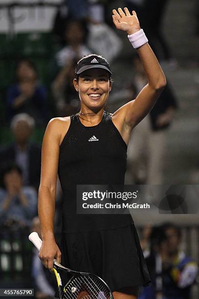 Ana Ivanovic of Serbia celebrates victory against Angelique Kerber of Germany during their women's singles semi-final match on day six of the Toray...