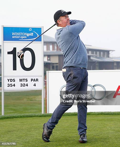 Greg Turner of New Zealand hits a drive from the 10th tee during the second round on day two of the WINSTONgolf Senior Open played at WINSTONgolf on...