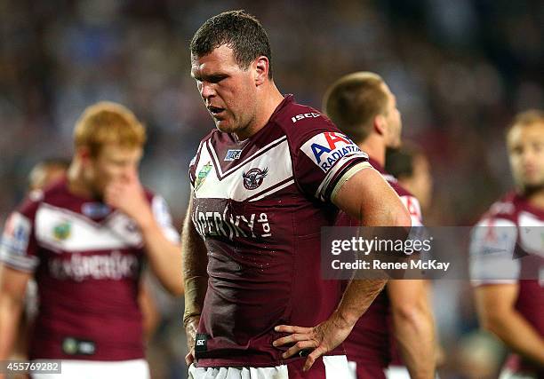 Dejected Manly player Jason King during the NRL 2nd Semi Final match between the Manly Sea Eagles and the Canterbury Bulldogs at Allianz Stadium on...