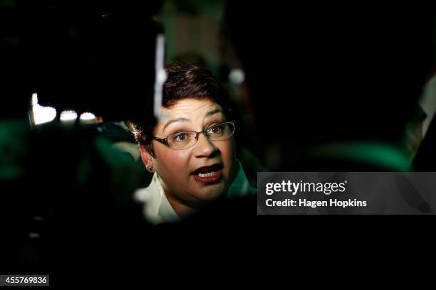 Co-leader Metiria Turei speaks to media during the Green's 2014 General Election party at Hopetoun Alpha on September 20, 2014 in Auckland, New...