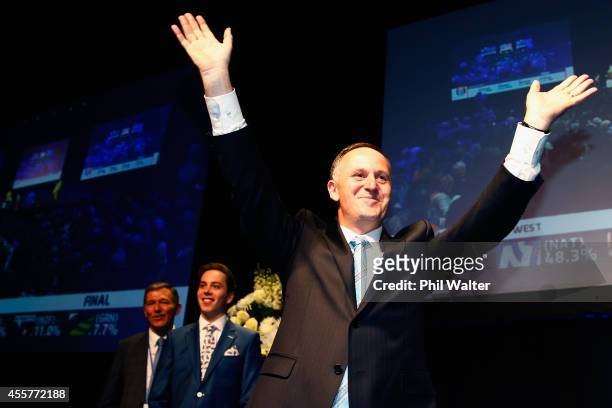 Newly elected Prime Minister John Key arrives on stage to deliver his victory speech at Viaduct Events Centre on September 20, 2014 in Auckland, New...