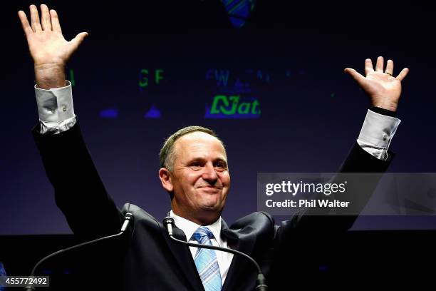 Newly elected Prime Minister John Key delivers his victory speech at Viaduct Events Centre on September 20, 2014 in Auckland, New Zealand. National...