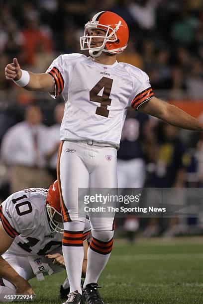 Phil Dawson kicks a field goal on hold by Kyle Richardson of the Cleveland Browns during a game against the Chicago Bears on September 1, 2005 at...