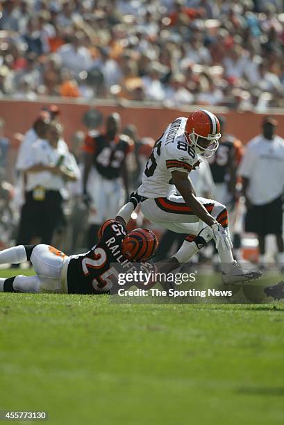 Dennis Northcutt of the Cleveland Browns runs through the tackle by Keiwan Ratliff of the Cincinnati Bengals during a game on September 11, 2005 at...