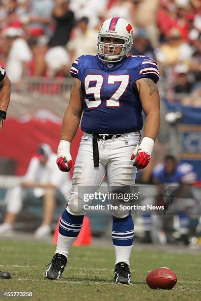 Justin Bannan of the Buffalo Bills looks on during a game against the Tampa Bay Buccaneers on September 18, 2005 at the Raymond James Stadium in...