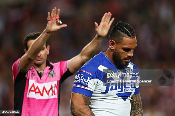 Reni Maitua of the Bulldogs is sent to the sin-bin during the NRL 2nd Semi Final match between the Manly Sea Eagles and the Canterbury Bulldogs at...
