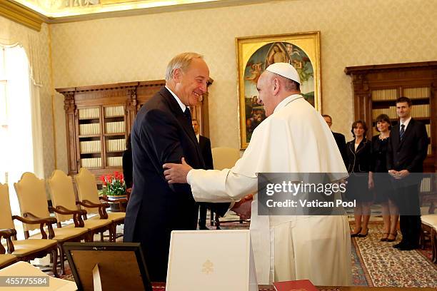 Pope Francis meets President of Latvia Andris Berzins at teh Apostolic Palace on September 20, 2014 in Vatican City, Vatican. Pope Francis is due to...