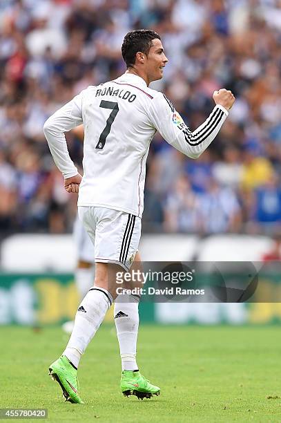 Cristiano Ronaldo of Real Madrid CF celebrates after scoring the opening goal during the La Liga match between RC Deportivo La Coruna and Real Madrid...