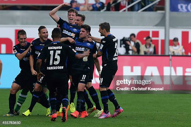 Moritz Stoppelkamp of Paderborn celebrates the second goal during the Bundesliga match between SC Paderborn and Hannover 96 at Benteler Arena on...