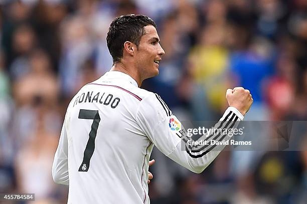 Cristiano Ronaldo of Real Madrid CF celebrates after scoring the opening goal during the La Liga match between RC Deportivo La Coruna and Real Madrid...
