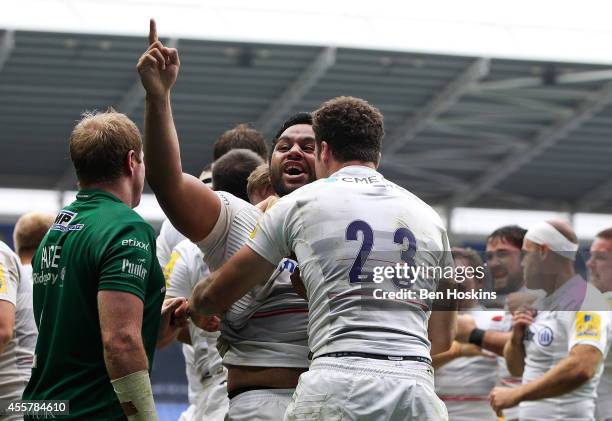 Billy Vunipola of Saracans celebrates after his team score a late try to win the game during the Aviva Premiership match between London Irish and...
