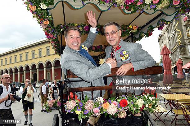 Patrick Lindner and boyfriend Peter Schaefer attend the 'Fruehstueck bei Tiffany' at Tiffany Store before the Oktoberfest 2014 starts on September...