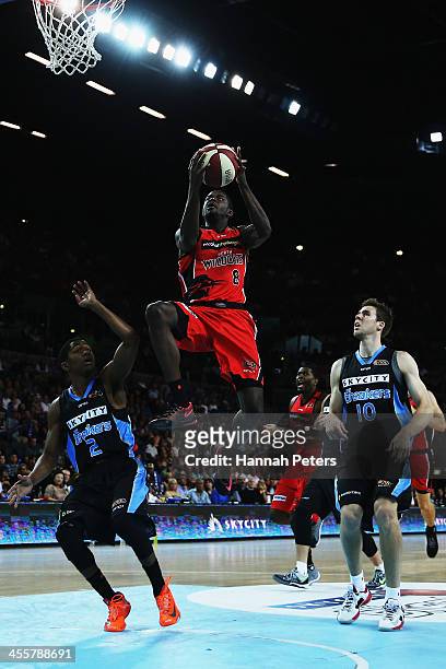 James Ennis of the Wildcats lays the ball up during the round 10 NBL match between the New Zealand Breakers and the Perth Wildcats at Vector Arena on...