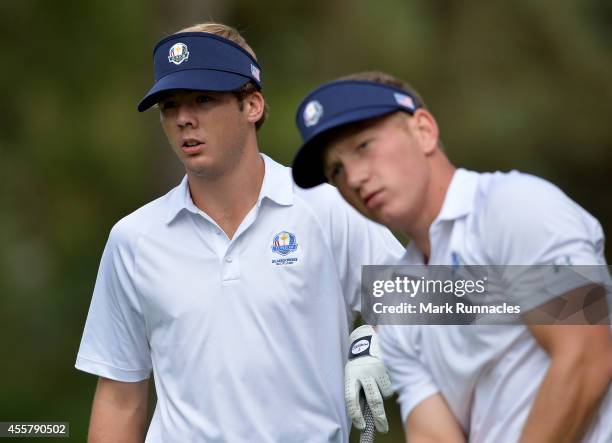 Sam Burns , and Brad Dalke of Team USA action during the first of two practice rounds during the 2014 Junior Ryder Cup - Previews on September 20,...