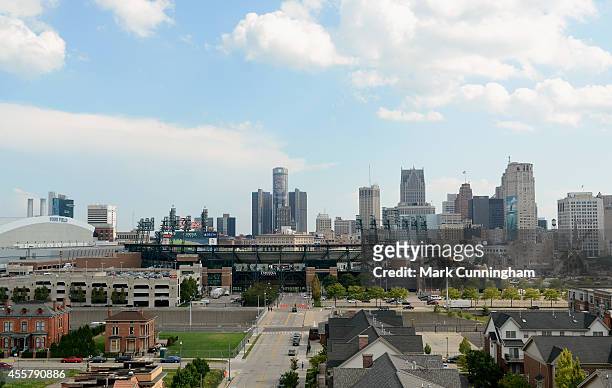 General exterior view of Comerica Park, Ford Field and the downtown Detroit skyline prior to the game between the Detroit Tigers and the San...