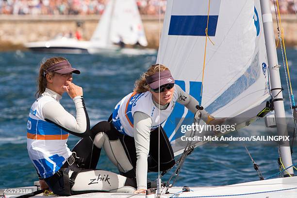 Women - NED6 - Michelle BROEKHUIZEN / Marieke JONGENS in action during the Medal Race on Day 9 of the 2014 ISAF Sailing World Championships on...