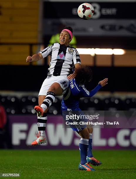 Desiree Scott of Notts County Ladies FC and Ji So Yun of Chelsea Ladies FC contest a header during the FA WSL 1 match between Notts County Ladies FC...