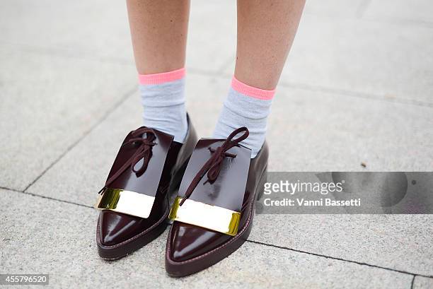 Fabrizia Siena poses wearing Marni shoes on September 20, 2014 in Milan, Italy.