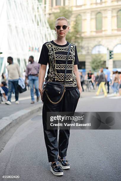 Anke Hensel poses wearing a Balmain shirt and Stella McCartney shoes on September 20, 2014 in Milan, Italy.