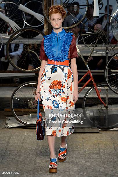 Model walks the runway at the Antonio Marras Spring Summer 2015 fashion show during Milan Fashion Week on September 20, 2014 in Milan, Italy.