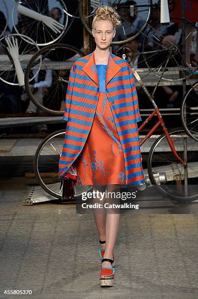 Model walks the runway at the Antonio Marras Spring Summer 2015 fashion show during Milan Fashion Week on September 20, 2014 in Milan, Italy.