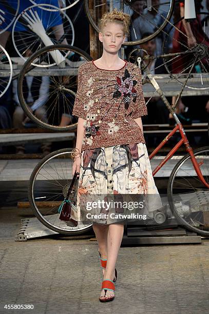 Model walks the runway at the Antonio Marras Spring Summer 2015 fashion show during Milan Fashion Week on September 20, 2014 in Milan, Italy.