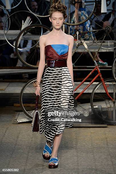 Model walks the runway at the Antonio Marras Spring Summer 2015 fashion show during Milan Fashion Week on September 20, 2014 in Milan, Italy.