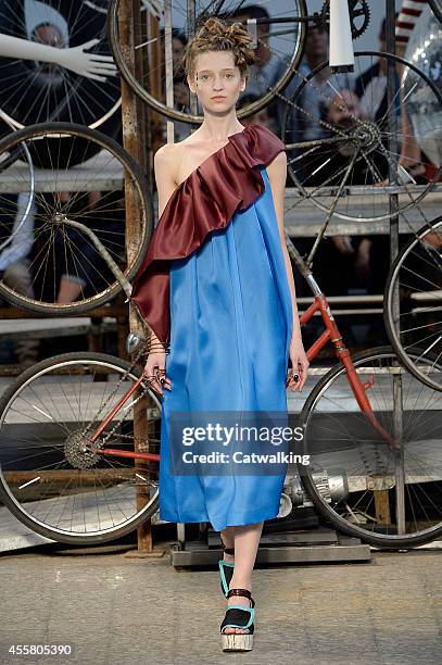 Model walks the runway at the Antonio Marras Spring Summer 2015 fashion show during Milan Fashion Week on September 20, 2014 in Milan, Italy.