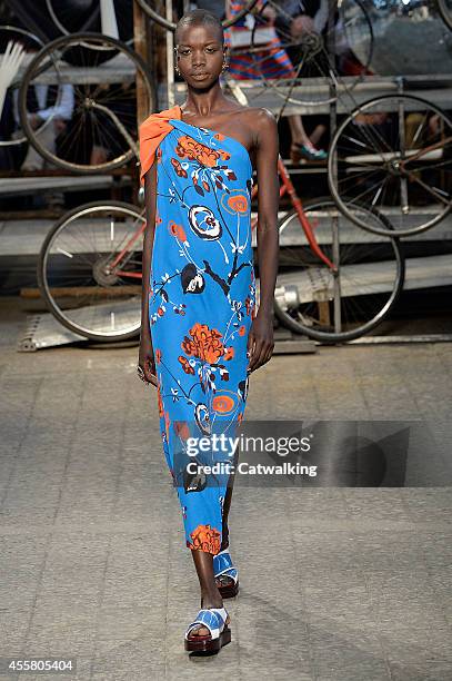 Model walks the runway at the Antonio Marras Spring Summer 2015 fashion show during Milan Fashion Week on September 20, 2014 in Milan, Italy.