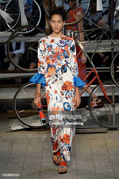 Model walks the runway at the Antonio Marras Spring Summer 2015 fashion show during Milan Fashion Week on September 20, 2014 in Milan, Italy.