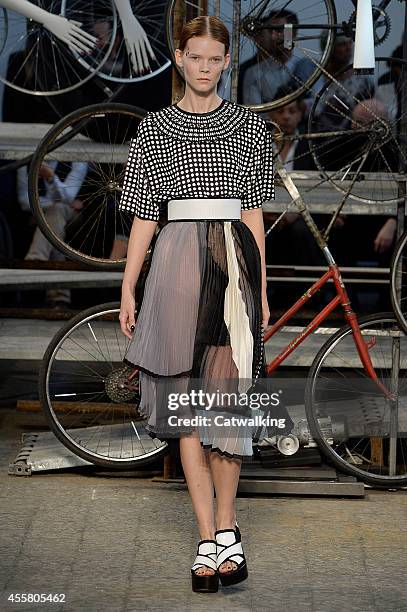 Model walks the runway at the Antonio Marras Spring Summer 2015 fashion show during Milan Fashion Week on September 20, 2014 in Milan, Italy.