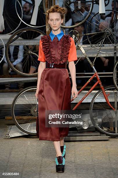 Model walks the runway at the Antonio Marras Spring Summer 2015 fashion show during Milan Fashion Week on September 20, 2014 in Milan, Italy.