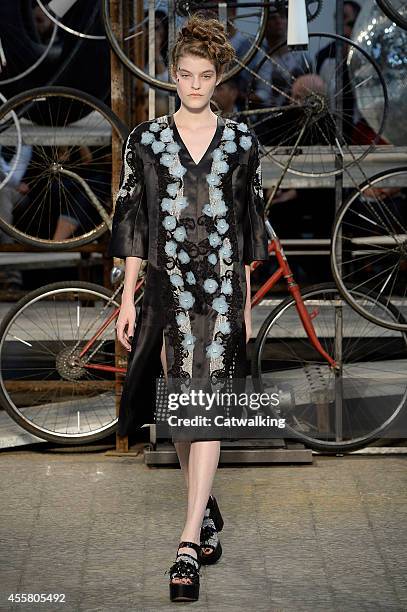 Model walks the runway at the Antonio Marras Spring Summer 2015 fashion show during Milan Fashion Week on September 20, 2014 in Milan, Italy.