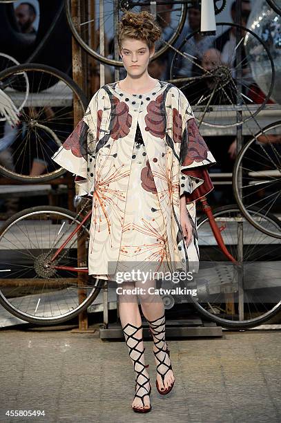 Model walks the runway at the Antonio Marras Spring Summer 2015 fashion show during Milan Fashion Week on September 20, 2014 in Milan, Italy.