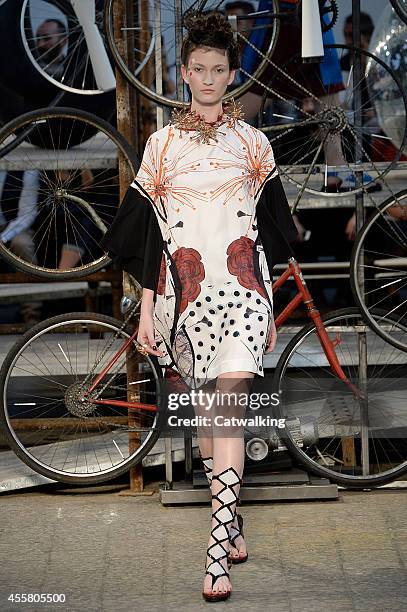 Model walks the runway at the Antonio Marras Spring Summer 2015 fashion show during Milan Fashion Week on September 20, 2014 in Milan, Italy.