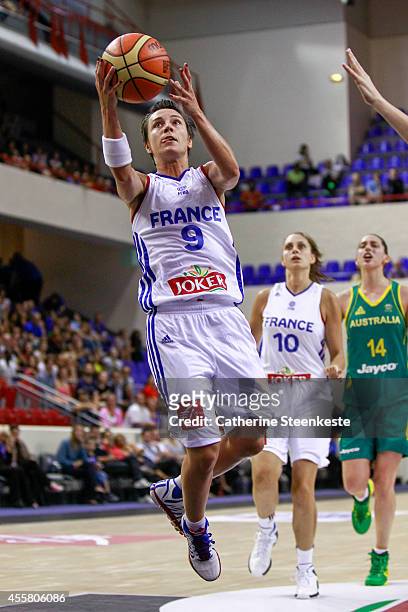 Celine Dumerc of the French Basketball Women's National Team is at the basket during the game between France and Australia at Stade Pierre de...
