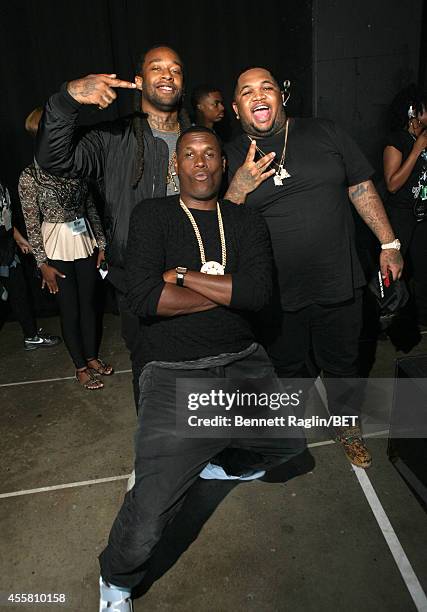 Ty Dolla Sign, Jay Electronica, and DJ Mustard pose backstage at the BET Hip Hop Awards 2014 at Boisfeuillet Jones Atlanta Civic Center on September...