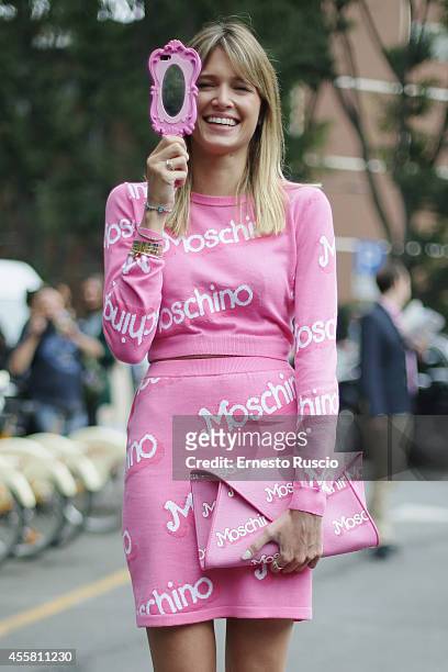 Helena Bordon poses wearing Moschino total look during the Armani fashion Show as a part of Milan Fashion Week Womenswear Spring/Summer 2015 on...