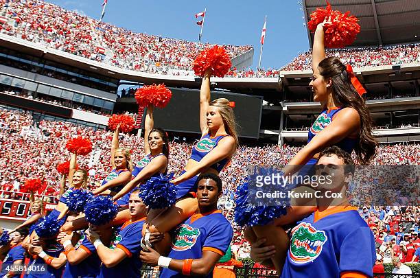 The Florida Gators cheerleaders perform during the game against the Alabama Crimson Tide at Bryant-Denny Stadium on September 20, 2014 in Tuscaloosa,...