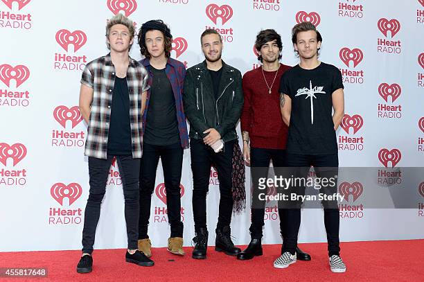Recording artists Niall Horan, Harry Styles, Liam Payne, Zayn Malik, and Louis Tomlinson of music group One Direction attend the 2014 iHeartRadio...