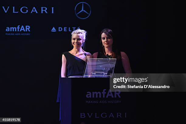 Antonia Campbell-hughes and Michelle Ryan attend the amfAR Milano 2014 - Gala Dinner and Auction as part of Milan Fashion Week Womenswear...