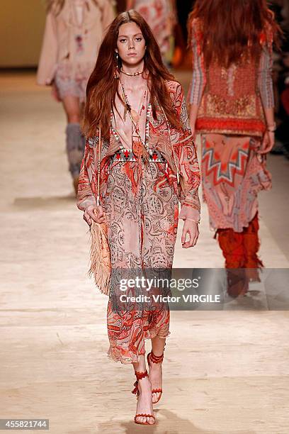 Model walks the runway during the Etro Ready to Wear show as a part of Milan Fashion Week Womenswear Spring/Summer 2015 on September 19, 2014 in...