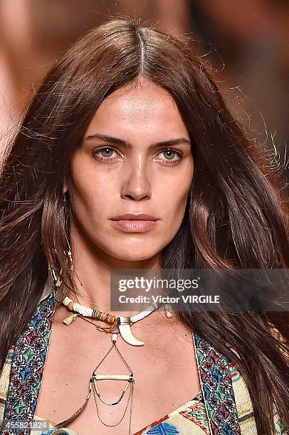 Model walks the runway during the Etro Ready to Wear show as a part of Milan Fashion Week Womenswear Spring/Summer 2015 on September 19, 2014 in...