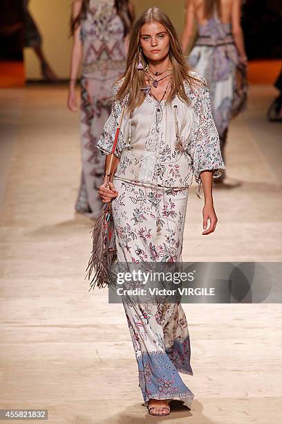 Model walks the runway during the Etro Ready to Wear show as a part of Milan Fashion Week Womenswear Spring/Summer 2015 on September 19, 2014 in...