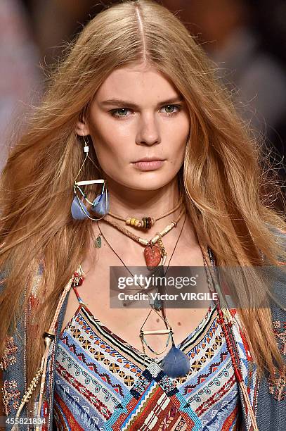 Model walks the runway during the Etro Ready to Wear show as a part of Milan Fashion Week Womenswear Spring/Summer 2015 on September 19, 2014 in...