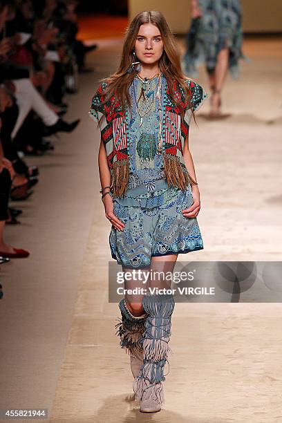 Model walks the runway during the Etro Ready to Wear show as a part of Milan Fashion Week Womenswear Spring/Summer 2015 on September 19, 2014 in...