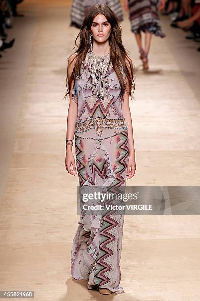 Model walks the runway during the Etro Ready to Wear show as a part of Milan Fashion Week Womenswear Spring/Summer 2015 on September 19, 2014 in...