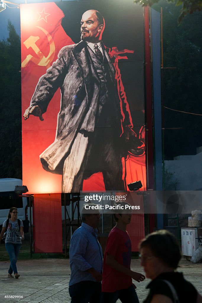 A huge billboard of Vladimir Lenin in Athens during the...