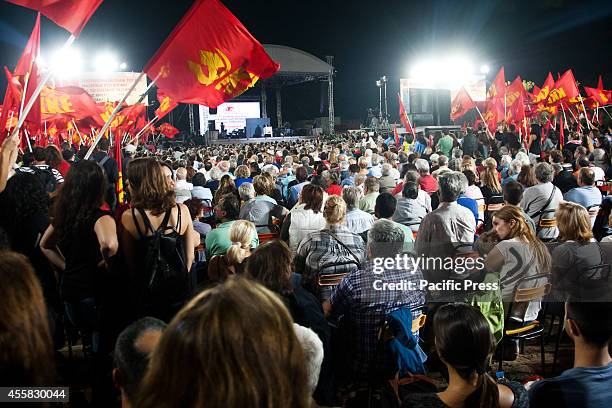 Thousands of People attend to the central park of Athens called "Tritsis Park" during the opening of 40th youth festival of Greek Communist Party.